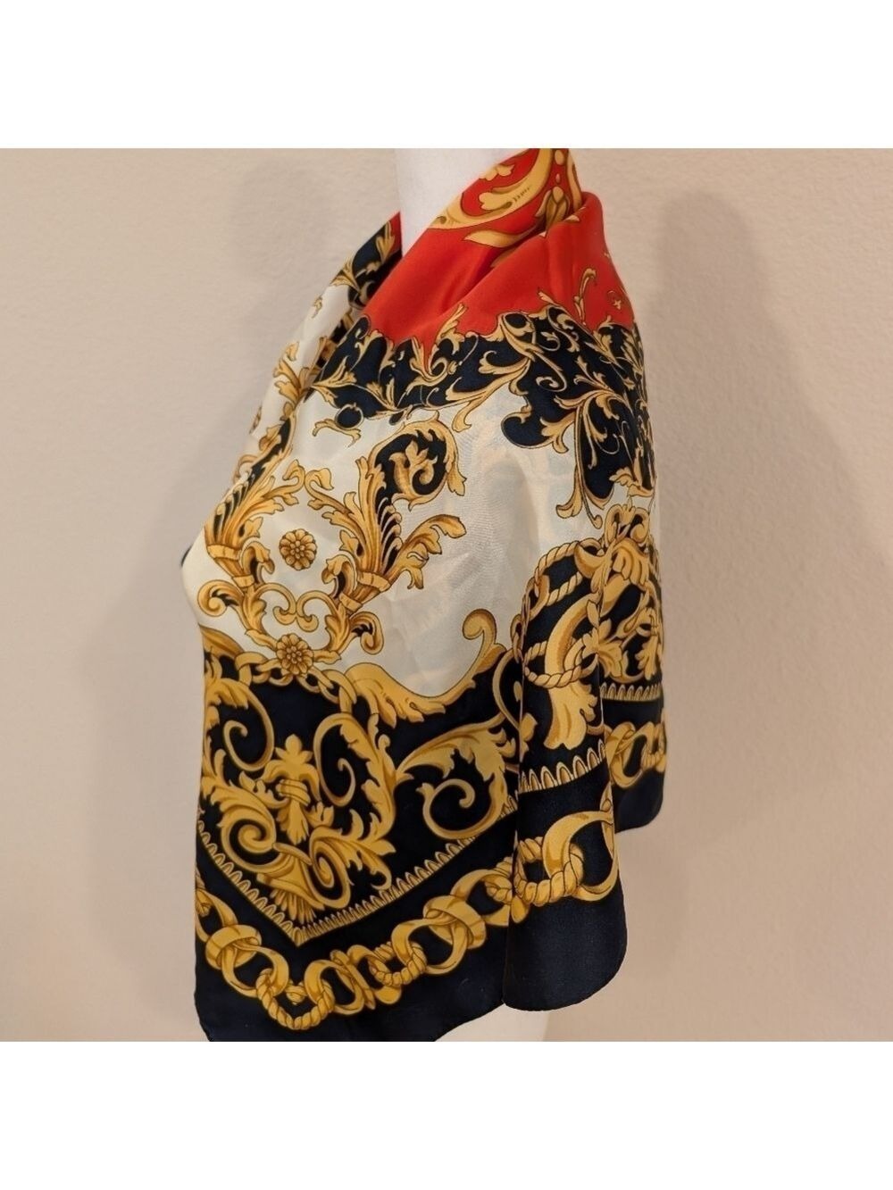 Vintage Italian Scarf Red Black Gold Cream Polyester 35 Inch